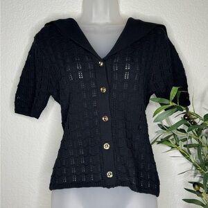 ASTR The Label Black Knit Gold Button Front Pointelle Sweater Top XS